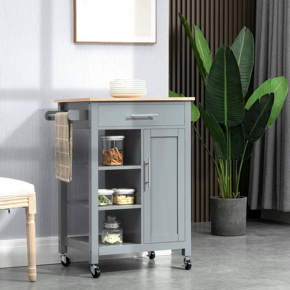 Kadyn - Compact Kitchen Island Cart on Wheels with Wood Top and Drawer - Gray
