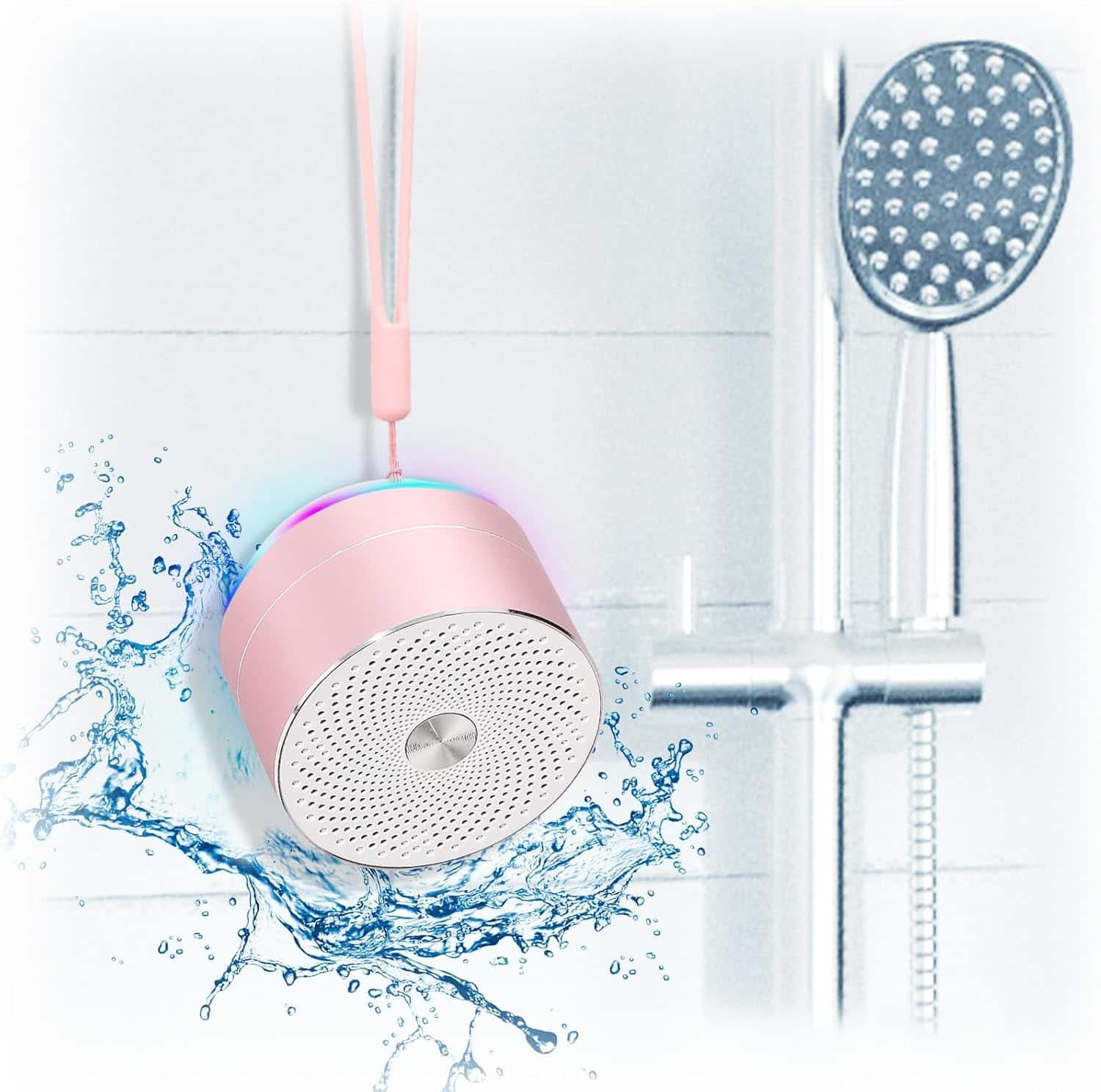 Stamp n Camp - Mini Bluetooth Shower Speaker, IPX6 Waterproof with RGB Lights, Mic, Portable Silicone Lanyard, Suction Cup, Clear 12h - Pink Rose Gold