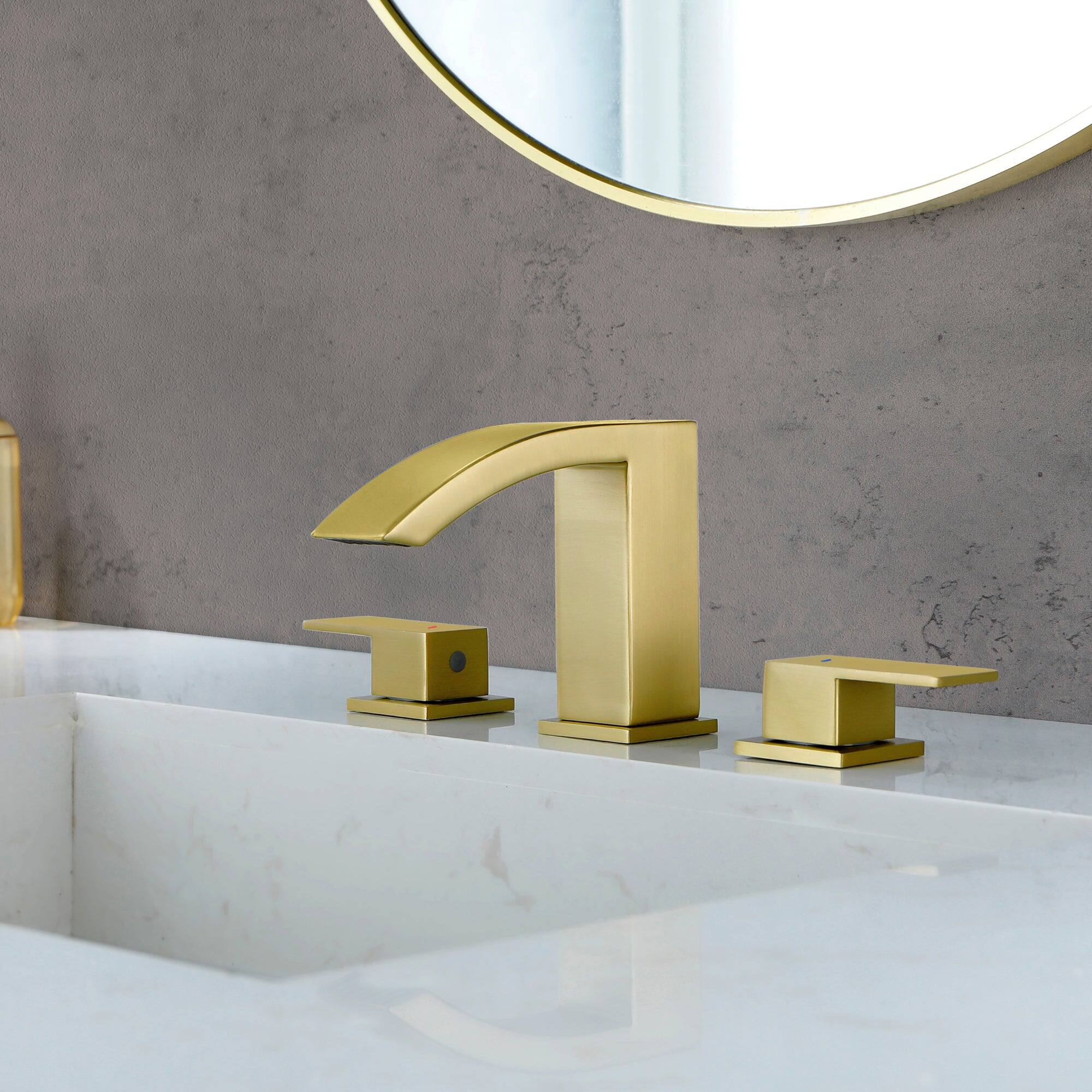Left. Boyel Living - 8 in Widespread Double Handle 1.2 GPM Bathroom Faucet with Quick Connect Hose and Pop Up Drain in Brushed Gold - Brushed Gold.