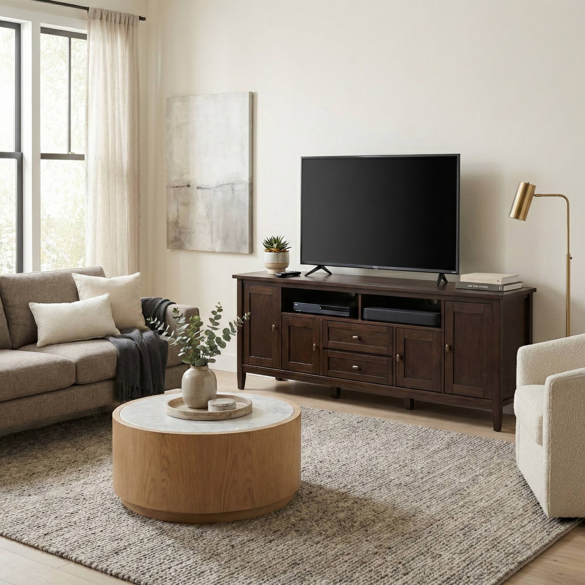 Left. Simpli Home - Warm Shaker 72W Low TV Stand with Drawers, Doors and Cubbies - Tobacco Brown.