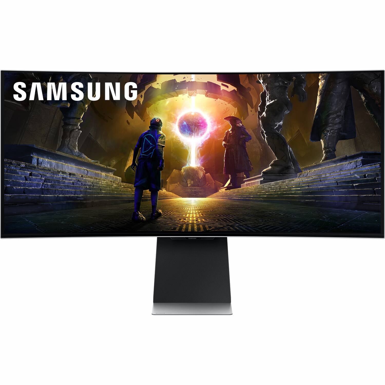Left. Samsung - 34" Odyssey OLED G8 Curved Ultra-WQHD 175Hz FreeSync Prem Pro and G-Sync Compatible Smart Glare Free Gaming Monitor - Silver.