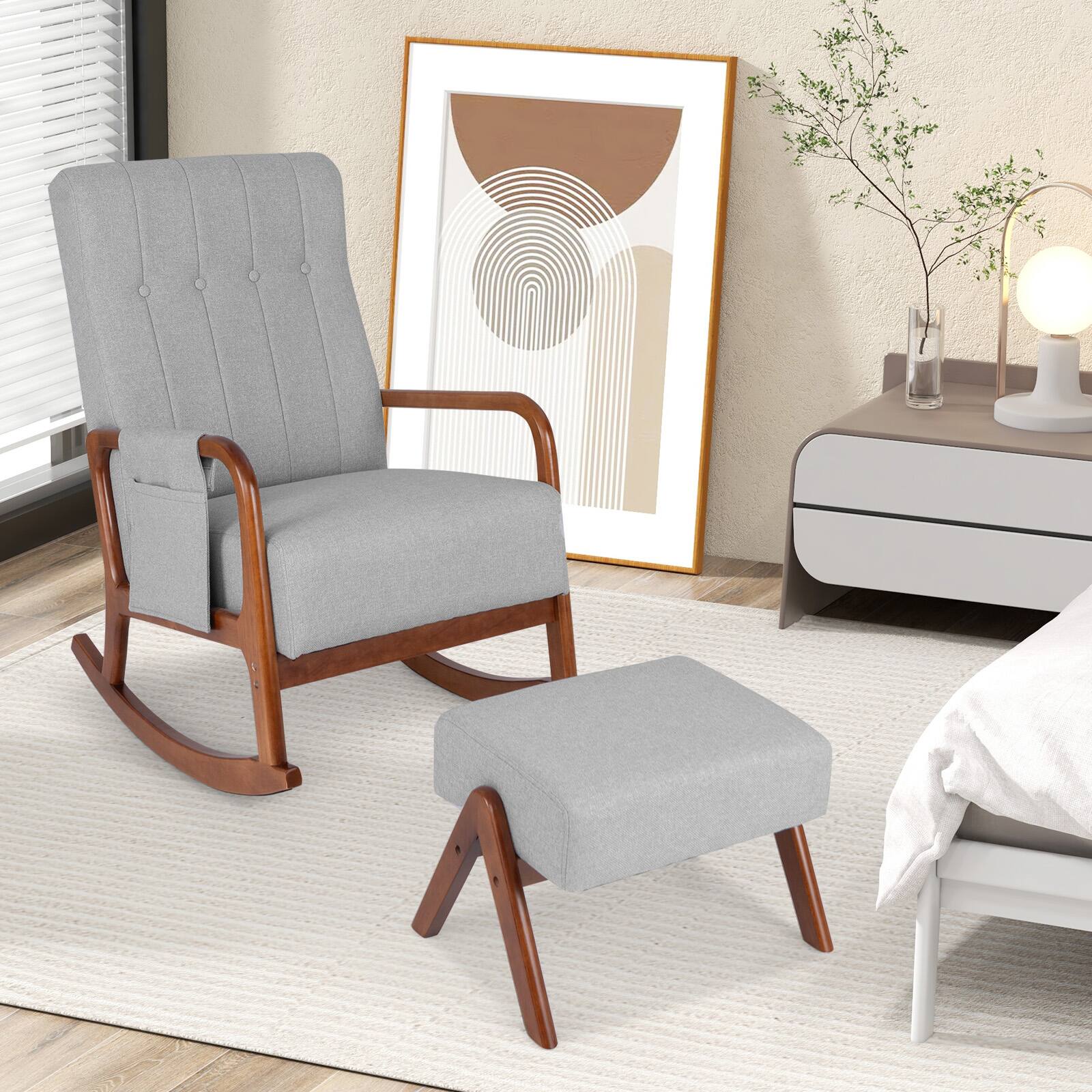 Alt View 9. Ecooso - Rocking Chair with Ottoman, Solid Rubber Wood Frame and Cushioned Seat - Gray.