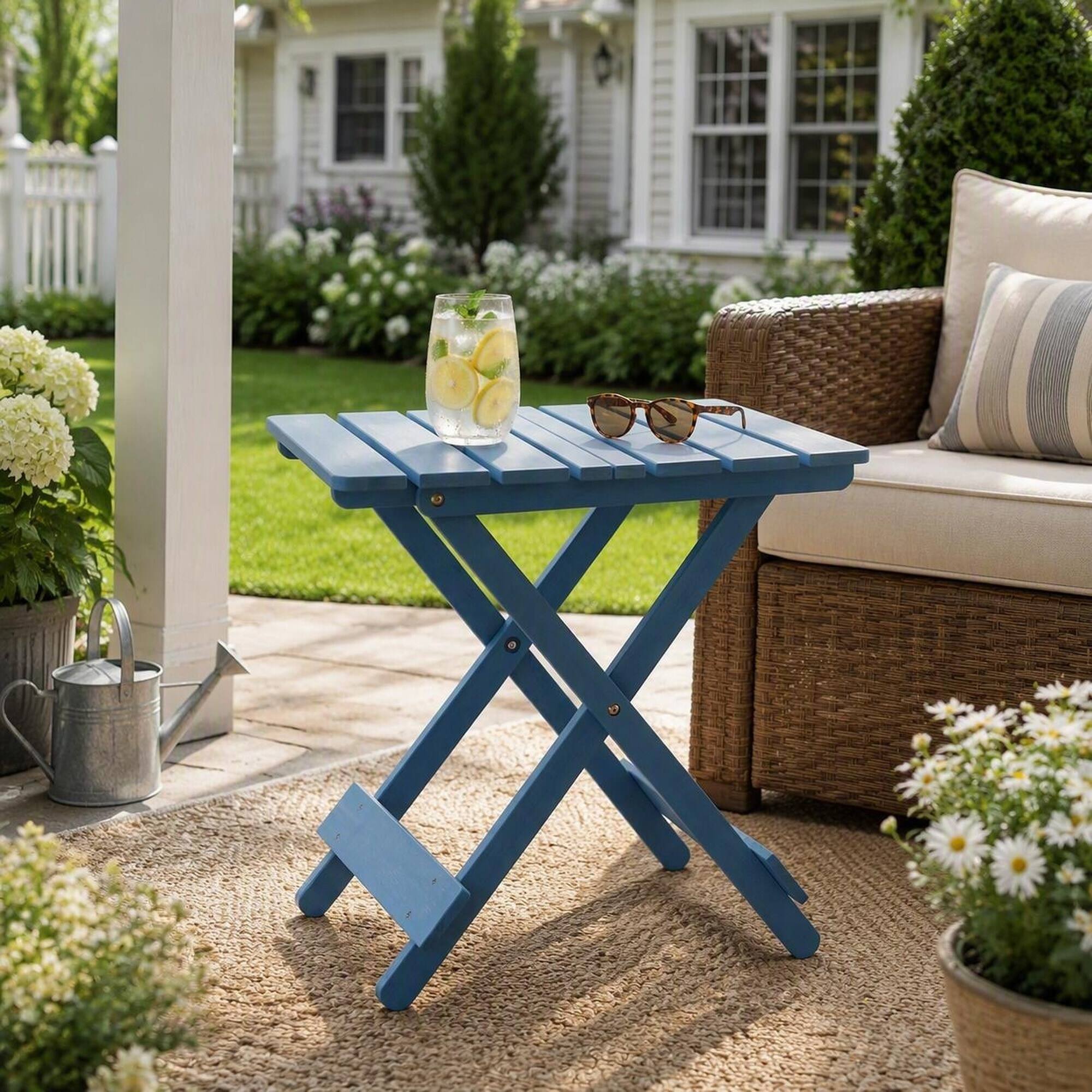 Back. RYHNUYNE - Solid Cypress Square Folding Outdoor Table,Space-Saving Blue Finish Side Table for Patio Balcony Deck Backyard - Blue.