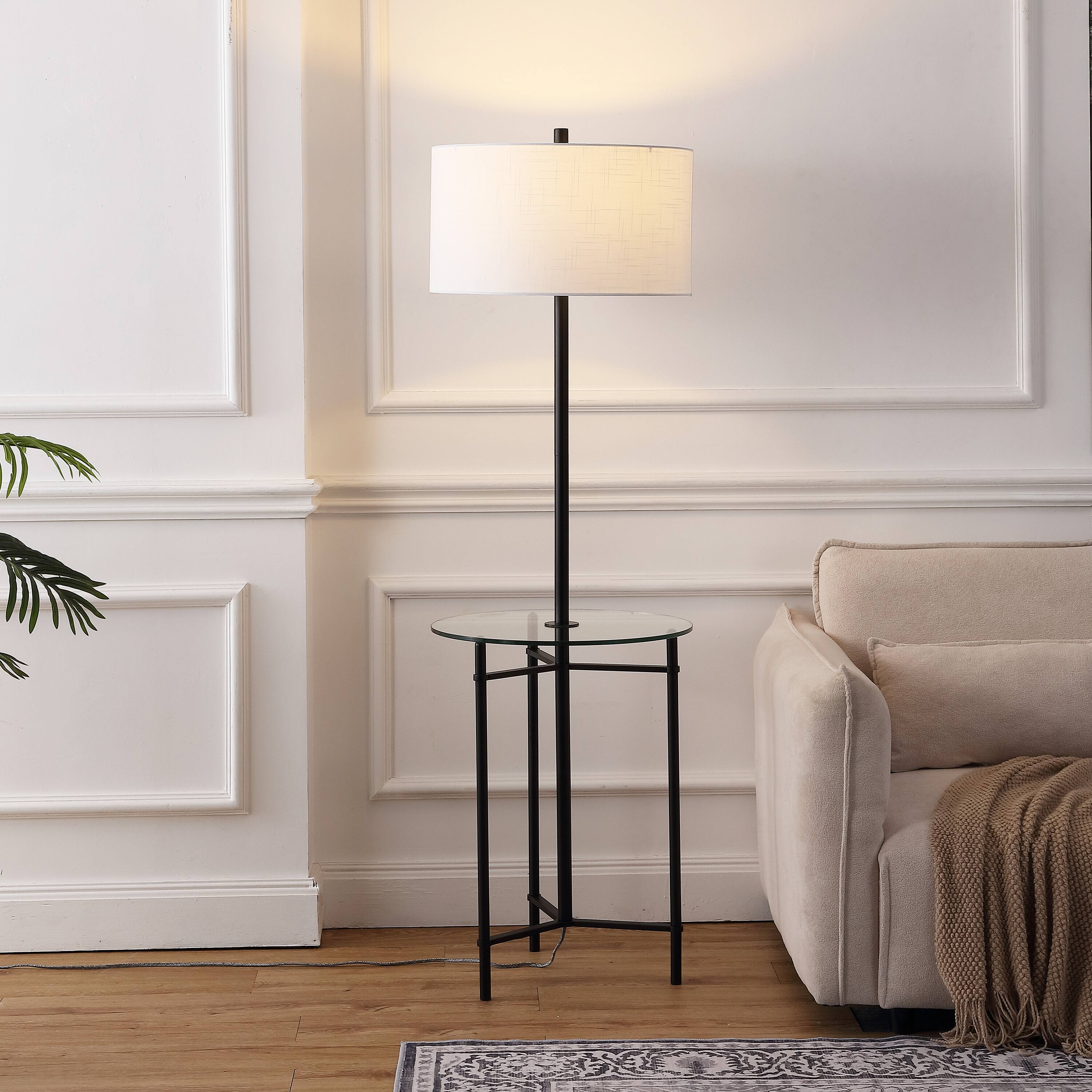 Alt View 1. Jonathan Y - Chuck 59" Modern Minimalist Metal and Tempered Glass LED 2-in-1 Space-Saving Tray Table and Floor Lamp, Black - Black.