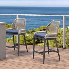 PURPLE LEAF - Outdoor Sunbrella Bar Stool Set of 2, Wicker Rattan Bar stools with Back Aluminum Outside Garden Patio Bar Chairs - Dark Grey &-Navy Blue-Counter Height
