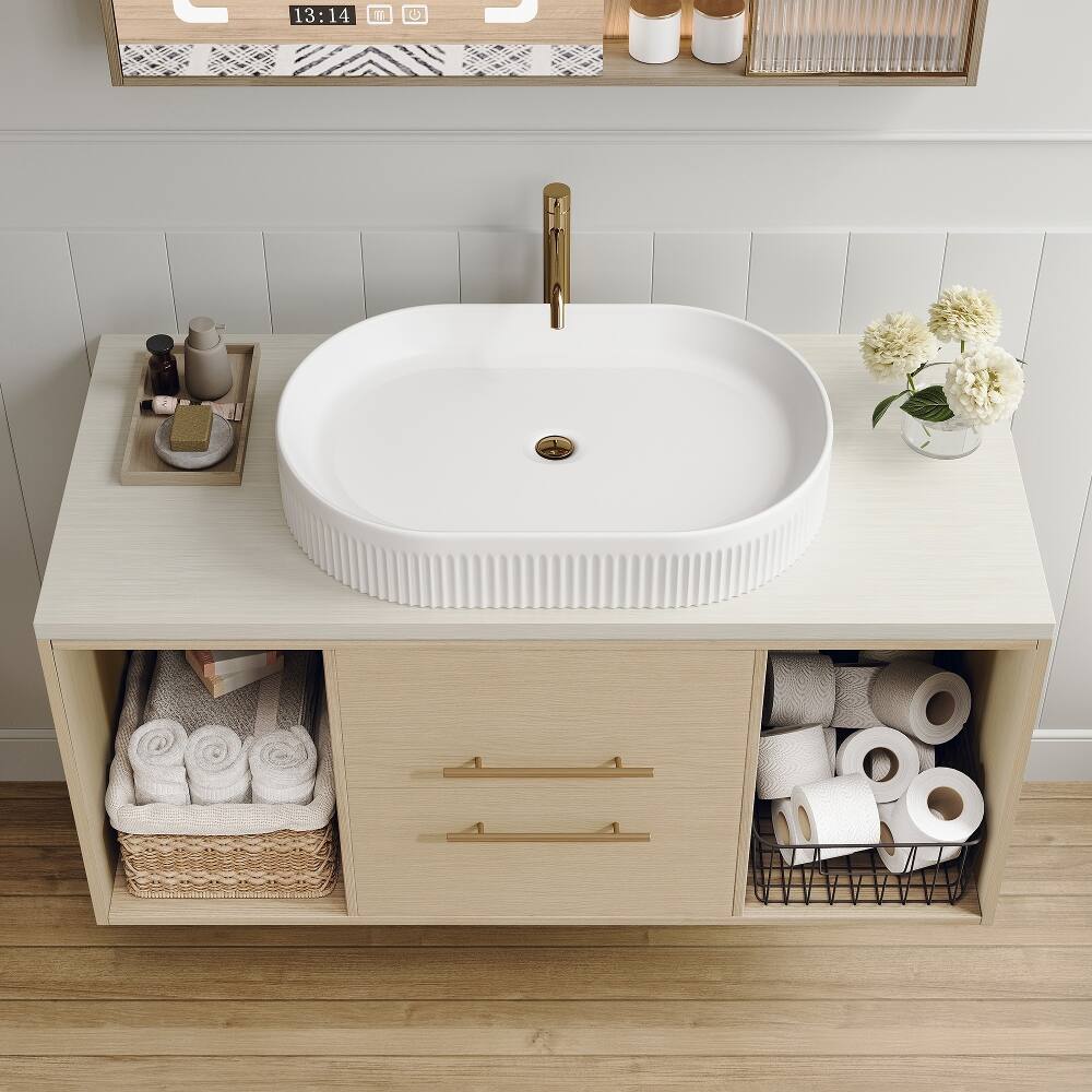 Angle. Loheer - Loheer 39.3 inch wall mounted bathroom vanity floating vanity with ceramic sink White and Wood - White, Wood.