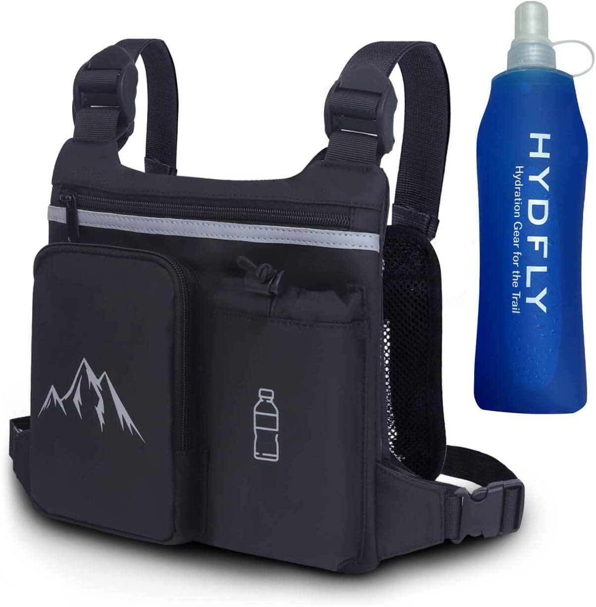 Wikistore - Chest Pack Running Vest with Hydration Bottle Reflective Sport Chest Bag for Men Women - Black