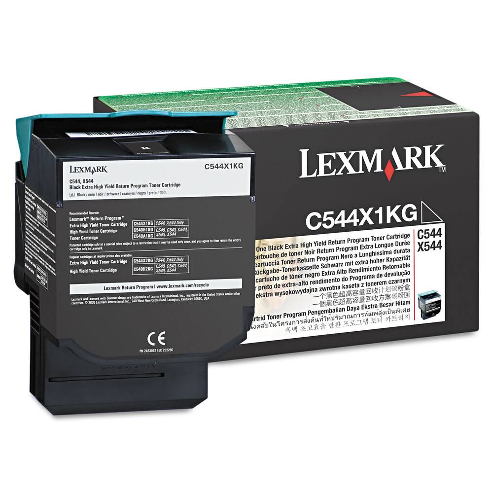LEXMARK C544X1KG  
C544, X544 Black Extra High Yield Return Program Toner Cartridge  

Recommended Reorder:  
Lexmark® Return Program Cartridge  
C544X1KG  
C544, X544 Extra High Yield Toner Cartridge  

High Yield Toner Cartridge  
C544X2KG  
C544, X544 High Yield Toner Cartridge  

Lexmark Return Program  
www.lexmark.com/recycle  

C544X1KG  
C544, X544 Black Extra High Yield Return Program Toner Cartridge  

C544  
X544  

One Black Extra High Yield Return Program Toner Cartridge  
cartouche de toner noir de programme de retour à extra haute capacité  
cartucho de toner negro de programa de devolución de alta capacidad  
cartouche de toner noir de programme de retour à haute capacité  
cartouche de toner nero di programma di restituzione a alta capacità  
cartucho de toner negro de programa de devolución de alta capacidad  
cartouche de toner noir de programme de retour à haute capacité