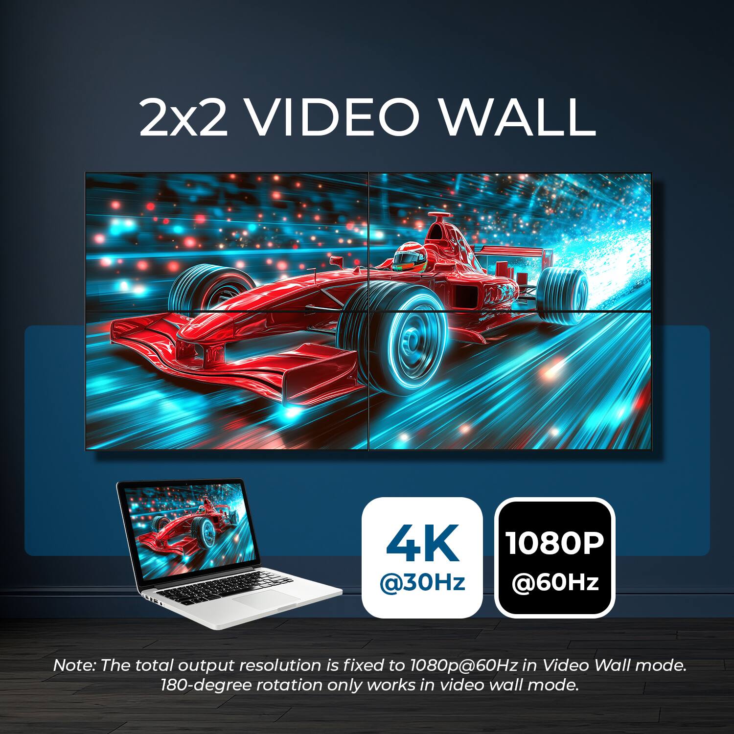2x2 VIDEO WALL  
4K 1080P @30Hz @60Hz  

Note: The total output resolution is fixed to 1080p@60Hz in Video Wall mode.  
180-degree rotation only works in video wall mode.