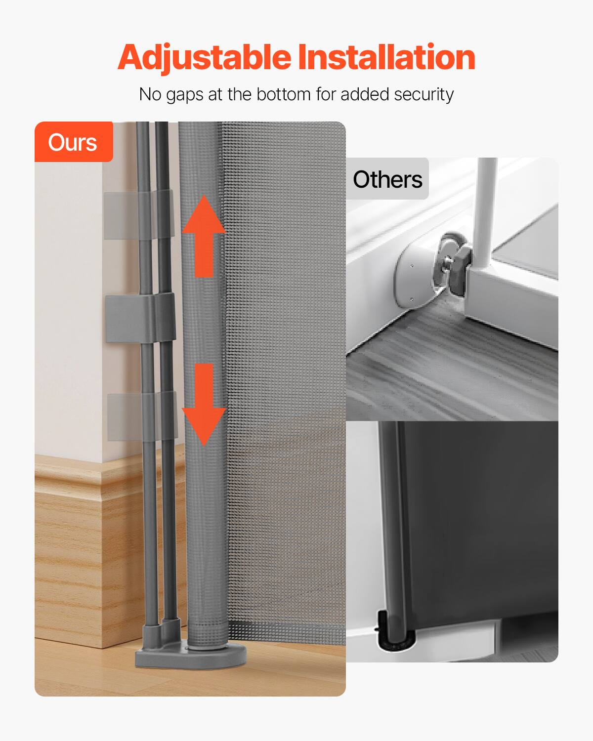 Adjustable Installation: No gaps at the bottom for added security. Ours: No gaps at the bottom. Others: Gaps at the bottom.
