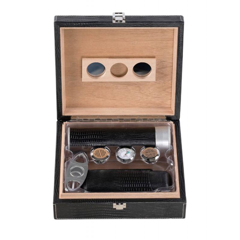 Angle. Prestige - THE GatorBack Black Cigar Humidor Gift Set - Black Gator Skin Design Leather .