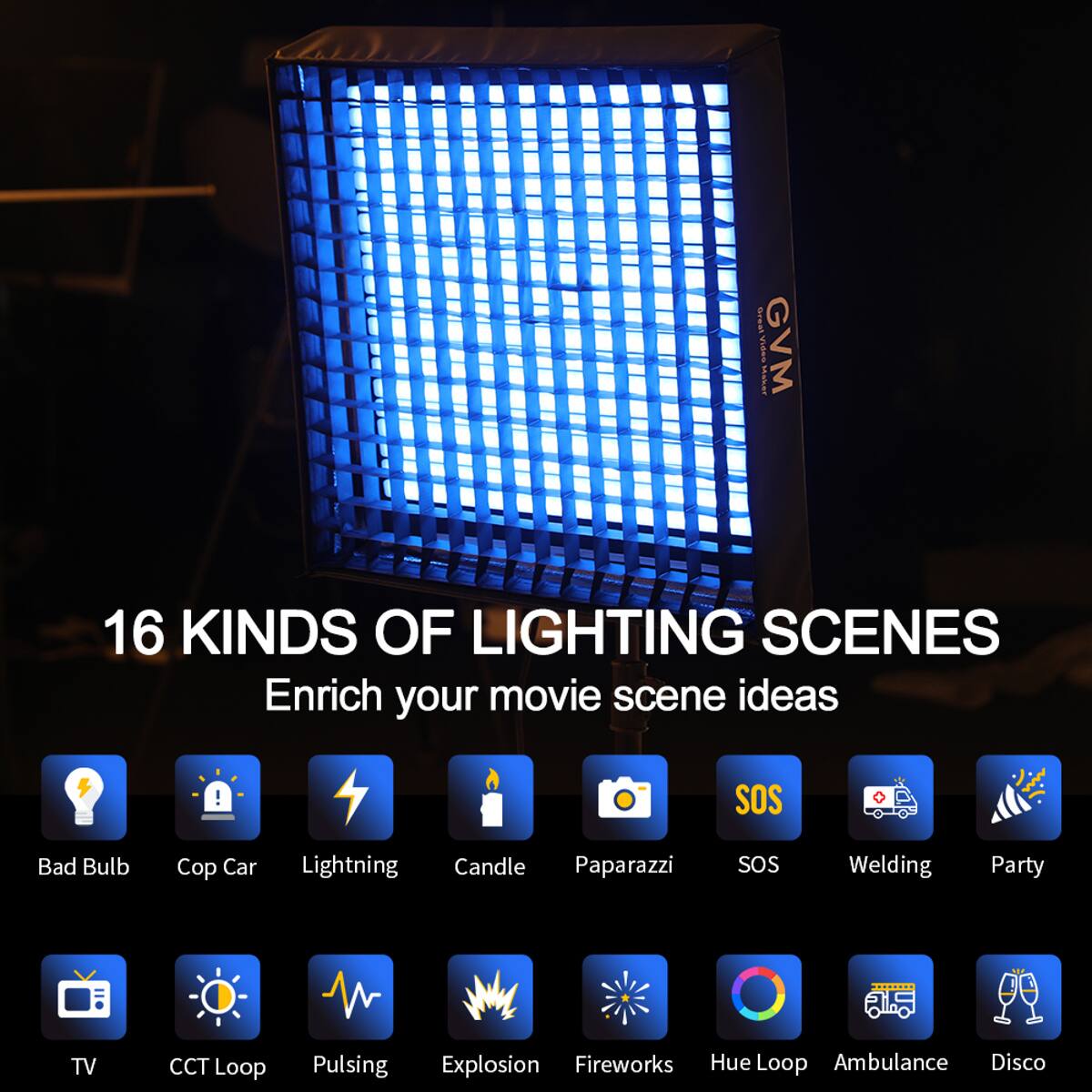 Great VISES Me GVM 16 KINDS OF LIGHTING SCENES Enrich your movie scene ideas! Bad Bulb Cop Car Lightning Candle Paparazzi SOS Welding Party TV CCT Loop Pulsing Explosion Fireworks Hue Loop Ambulance Disco