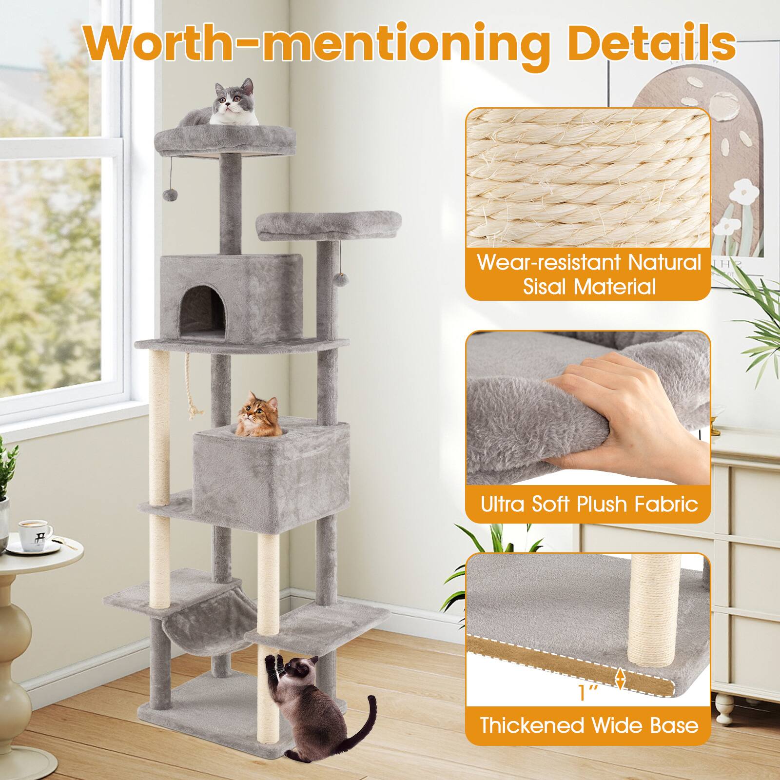 Worth-mentioning Details

- Wear-resistant Natural Sisal Material
- Ultra Soft Plush Fabric
- 1" Thickened Wide Base