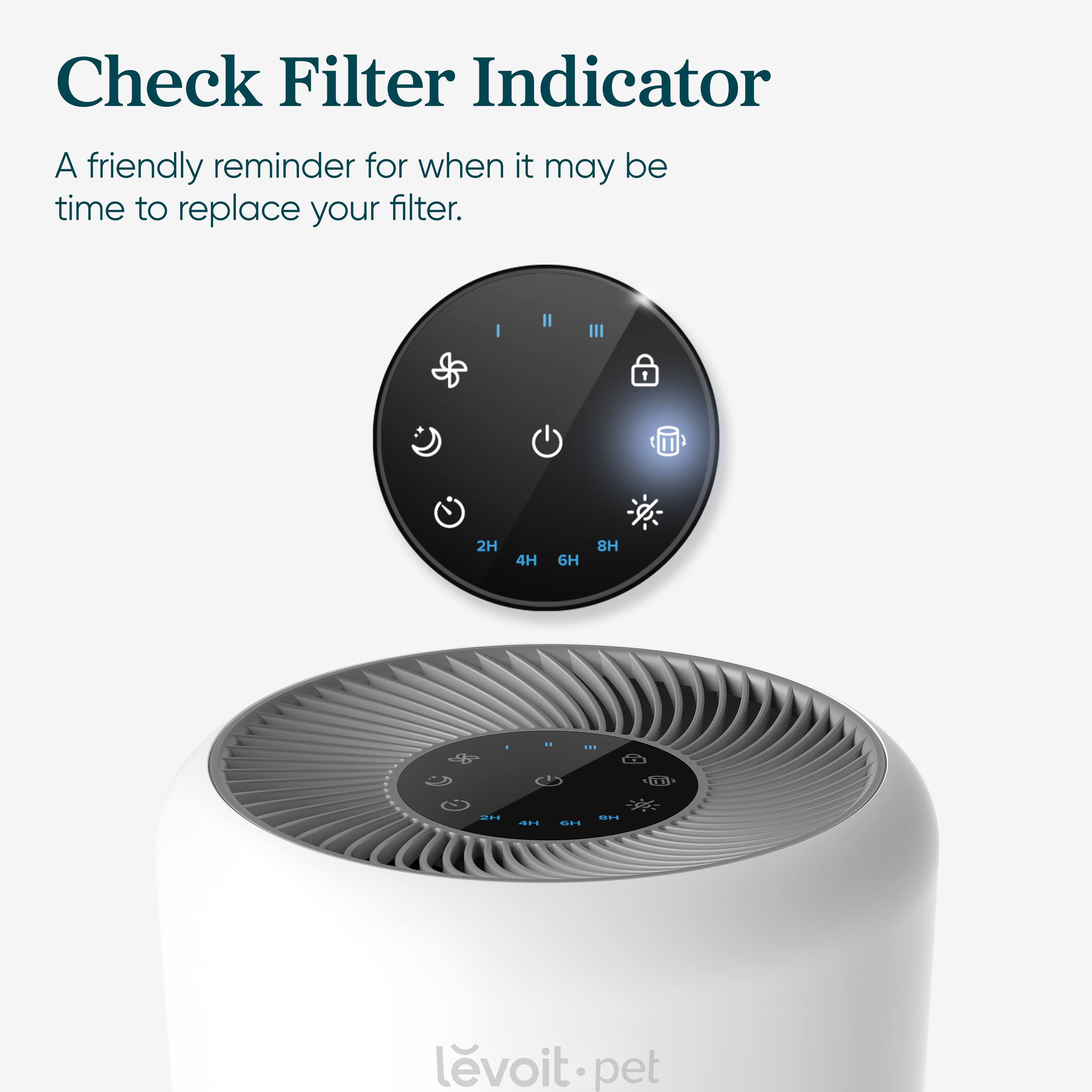 Check Filter Indicator: A friendly reminder for when it may be time to replace your filter. 2H 4H 6H 8H d - (KT ... C.. levoit.pet pet