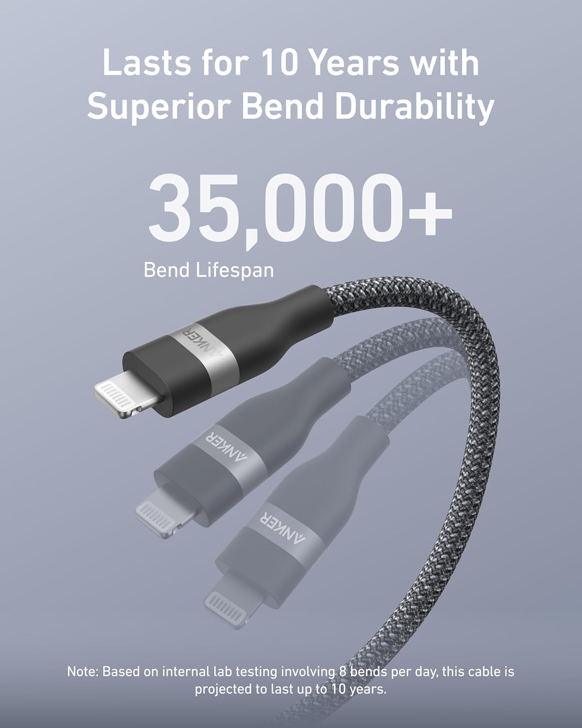 Lasts for 10 Years with Superior Bend Durability  
35,000+ Bend Lifespan  

Note: Based on internal lab testing involving 8 bends per day, this cable is projected to last up to 10 years.