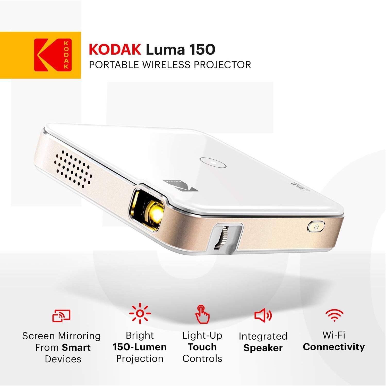 KODAK Luma 150 Portable Wireless Projector

- Screen Mirroring from Smart Devices
- Bright 150-Lumen Projection
- Light-Up Touch Controls
- Integrated Speaker
- Wi-Fi Connectivity