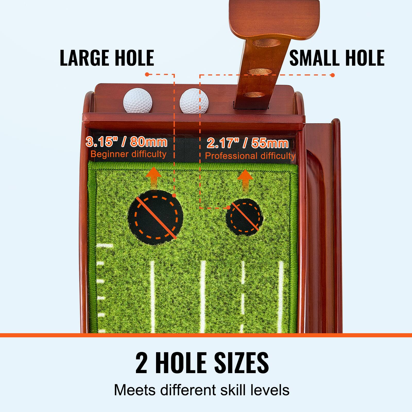 LARGE HOLE  
3.15" / 80mm  
Beginner difficulty  

SMALL HOLE  
2.17" / 55mm  
Professional difficulty  

2 HOLE SIZES  
Meets different skill levels