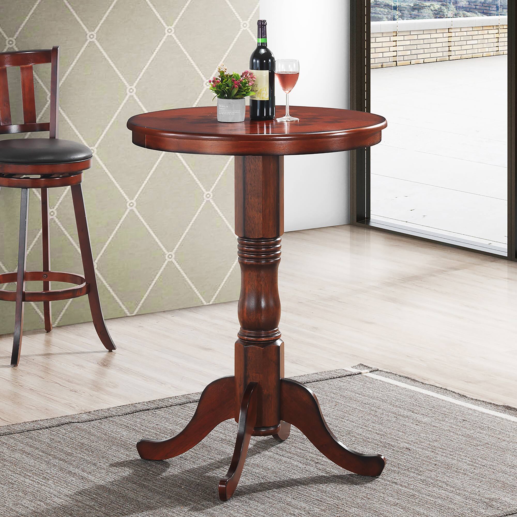 Alt View 3. Gymax - Gymax 42" Pub Bar Round Table Chess Table Bistro Vintage W/Checker Top & Pedestal Base - Rustic Brown.