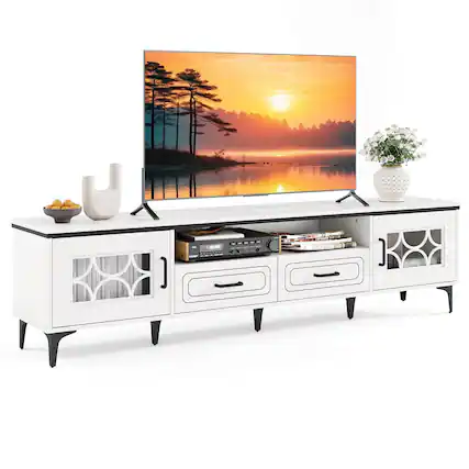 Front. Costway - Costway 71" TV Stand for TVs up to 80" with Open Compartment Side Cabinets & Drawers - White.