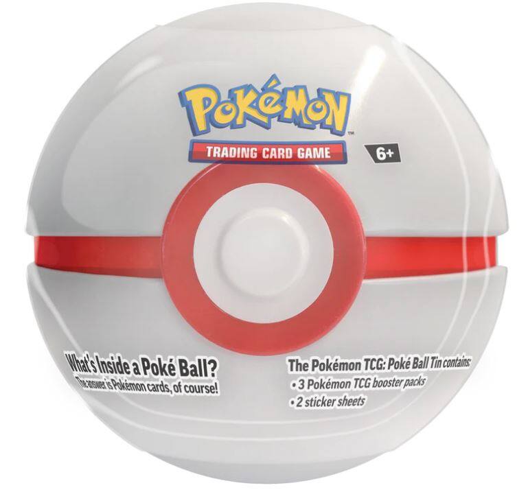 Pokémon Trading Card Game 6+  
What's Inside a Poké Ball?  
The answer is Pokémon cards, of course!  
The Pokémon TCG: Poké Ball Tin contains:  
- 3 Pokémon TCG booster packs  
- 2 sticker sheets