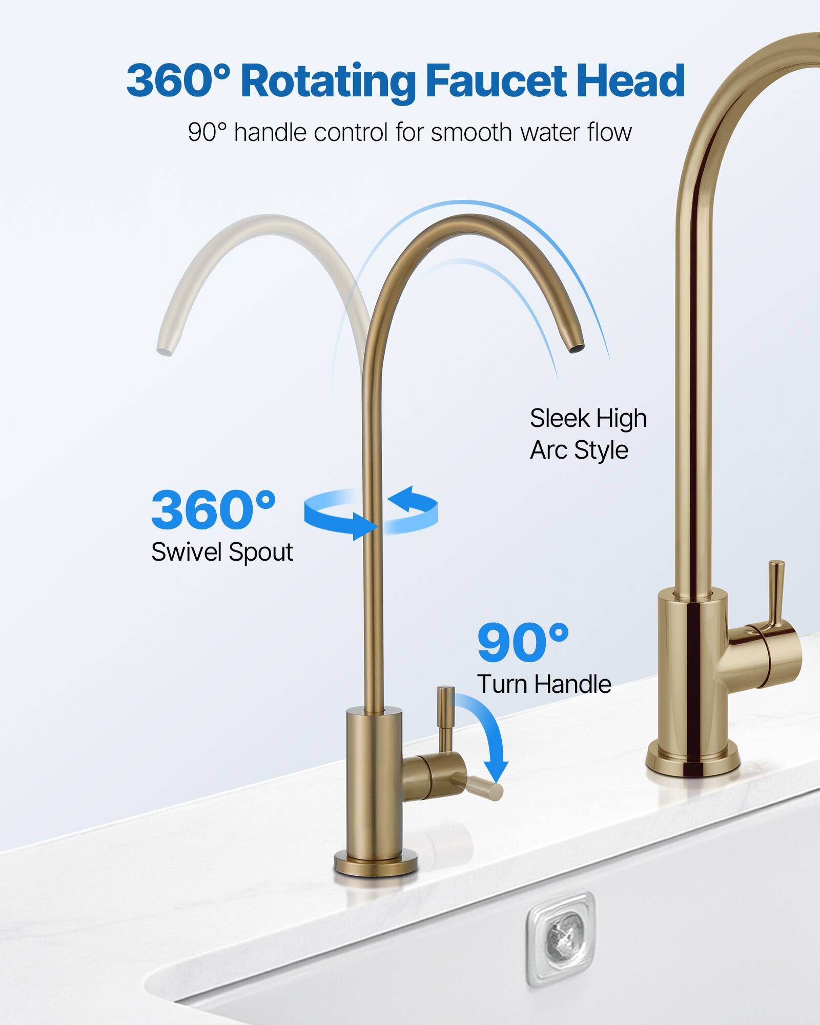 360° Rotating Faucet Head  
90° handle control for smooth water flow  

360° Swivel Spout  
Sleek High Arc Style  
90° Turn Handle