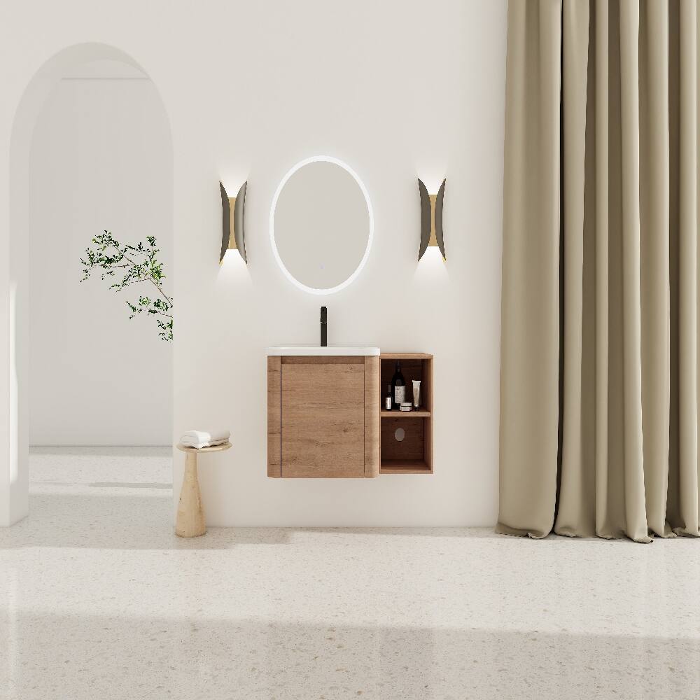Left. Loheer - Loheer 36 inch wall mounted bathroom vanity with white ceramic sink and storage shelves, Imitative Oak - Imitative Oak.