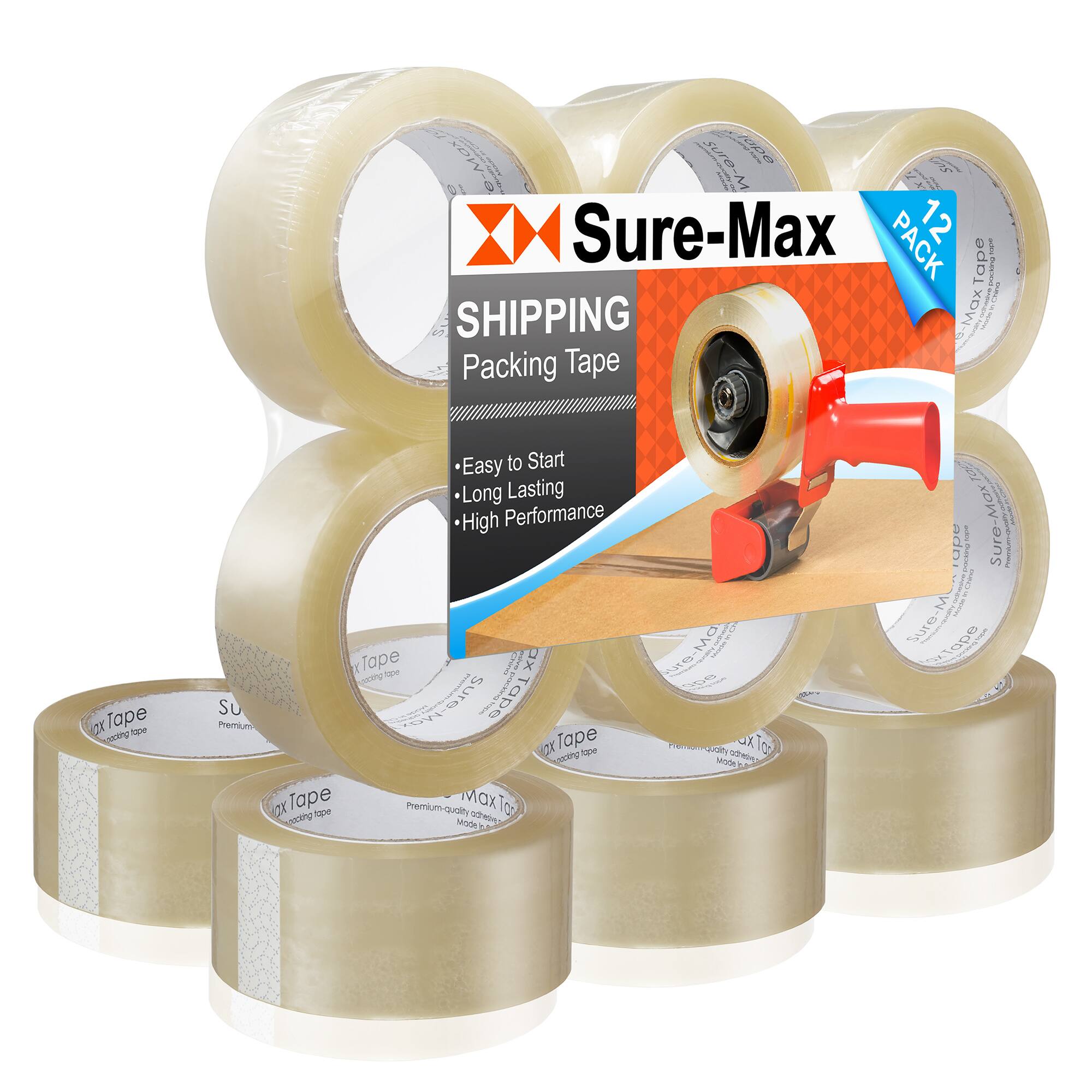 Sure-Max  
SHIPPING  
Packing Tape  

- Easy to Start  
- Long Lasting  
- High Performance  

12 PACK  

Premium-quality shipping tape  
Made in the USA