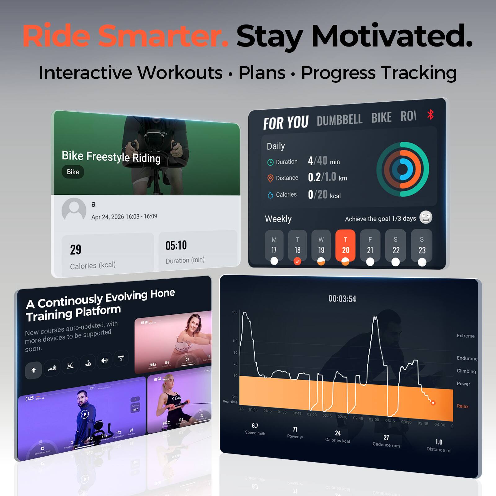 Ride Smarter. Stay Motivated. Interactive Workouts · Plans · Progress Tracking

Bike Freestyle Riding
Bike
Apr 24, 2026 16:03 - 16:09
29 Calories (kcal)
05:10 Duration (min)

FOR YOU DUMBBELL BIKE ROI
Daily
Duration 4/40 min
Distance 0.2/1.0 km
Calories 0/20 kcal

Weekly
Achieve the goal 1/3 days
M 17
T 18
W 19
T 20
F 21
S 22
S 23

A Continuously Evolving Hone Training Platform
New courses auto-updated, supported devices to be more soon.
01:25
160 190
DO 70 50

00:03:54
Extreme Endurance Climbing Power
01:28 12 -

182
a DE
Feier R 2022 a
45 Relax 01:00 01:15