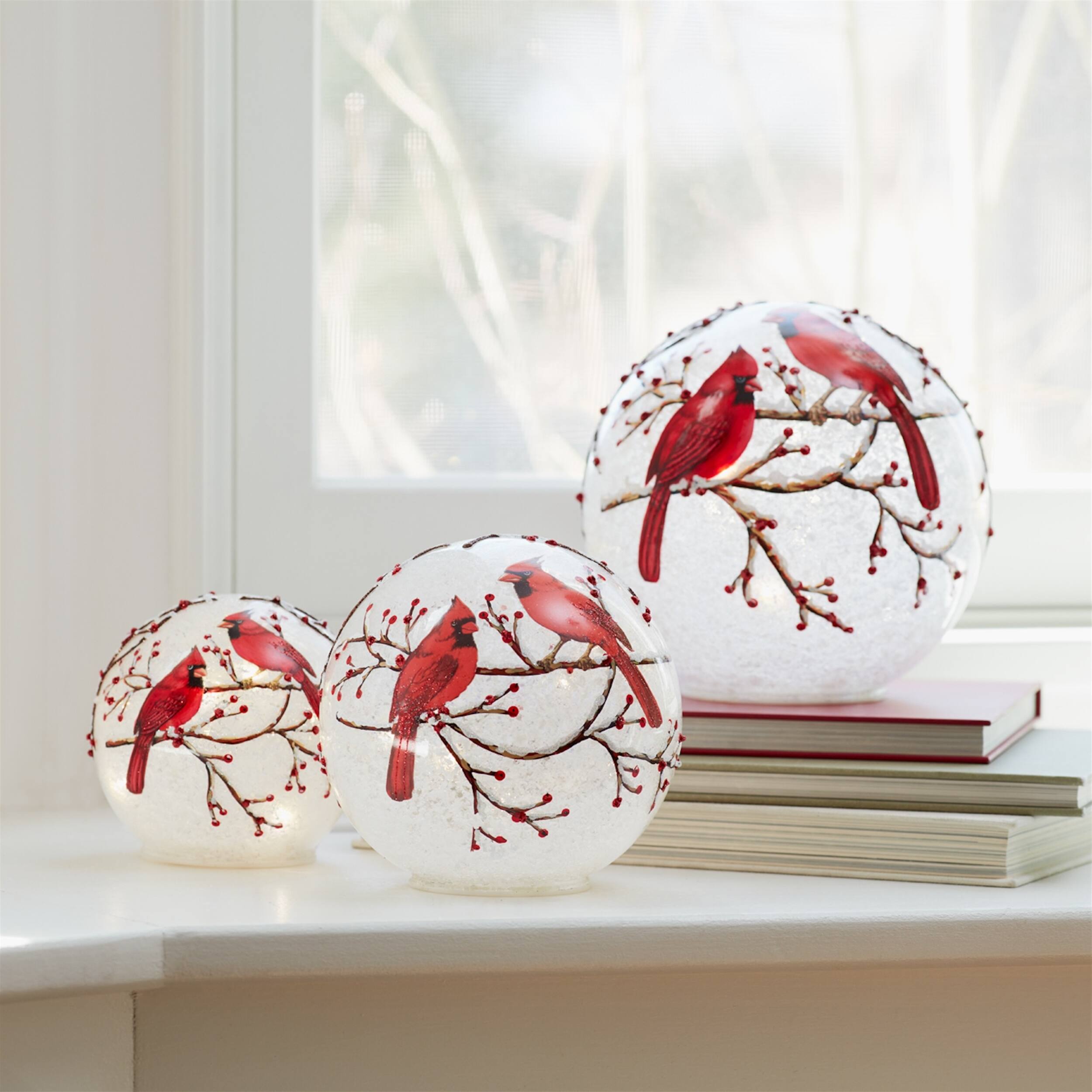 Alt View 2. BreeBe - LED Frosted Cardinal Orb with Berry Branch Design (Set of 3) - White, Red.