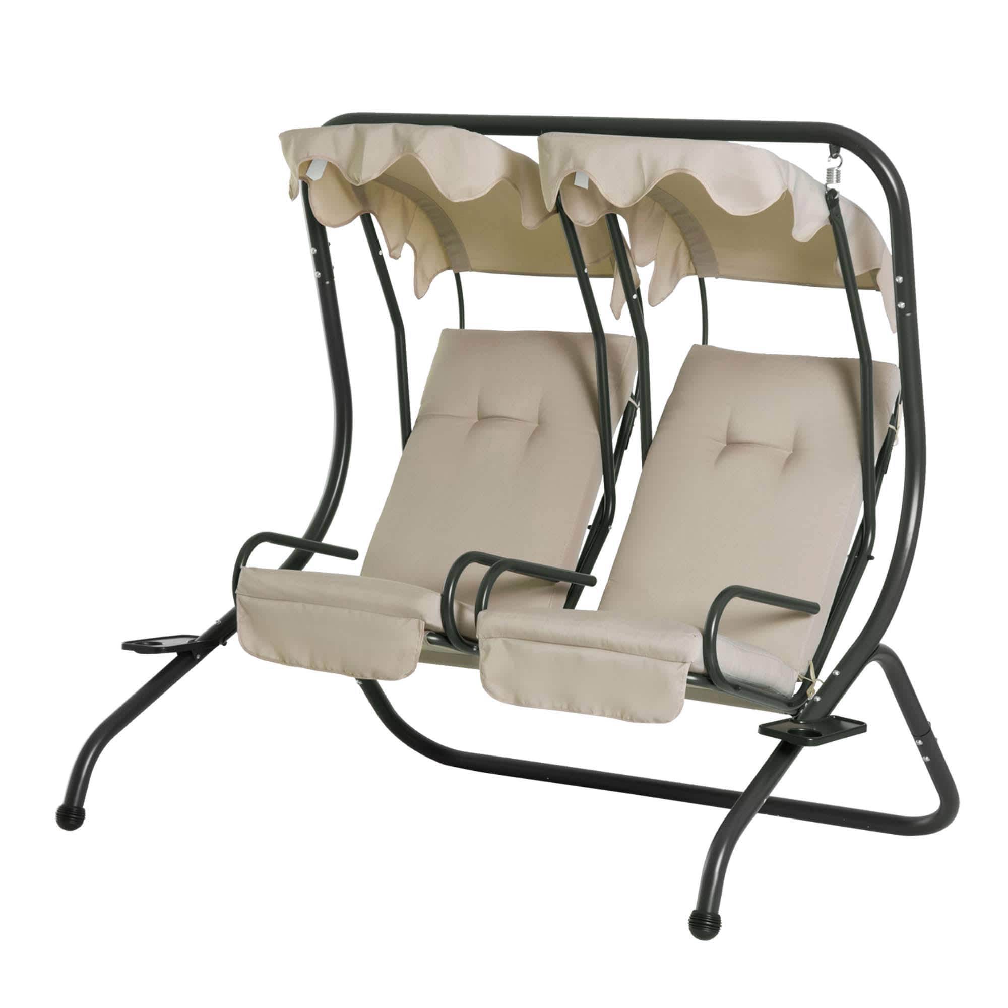 Resenkos - Dual-Seat Swing Chair, Outdoor Glider With Detachable Roof & Cup Holders, Perfect for Porch, Garden, Beige