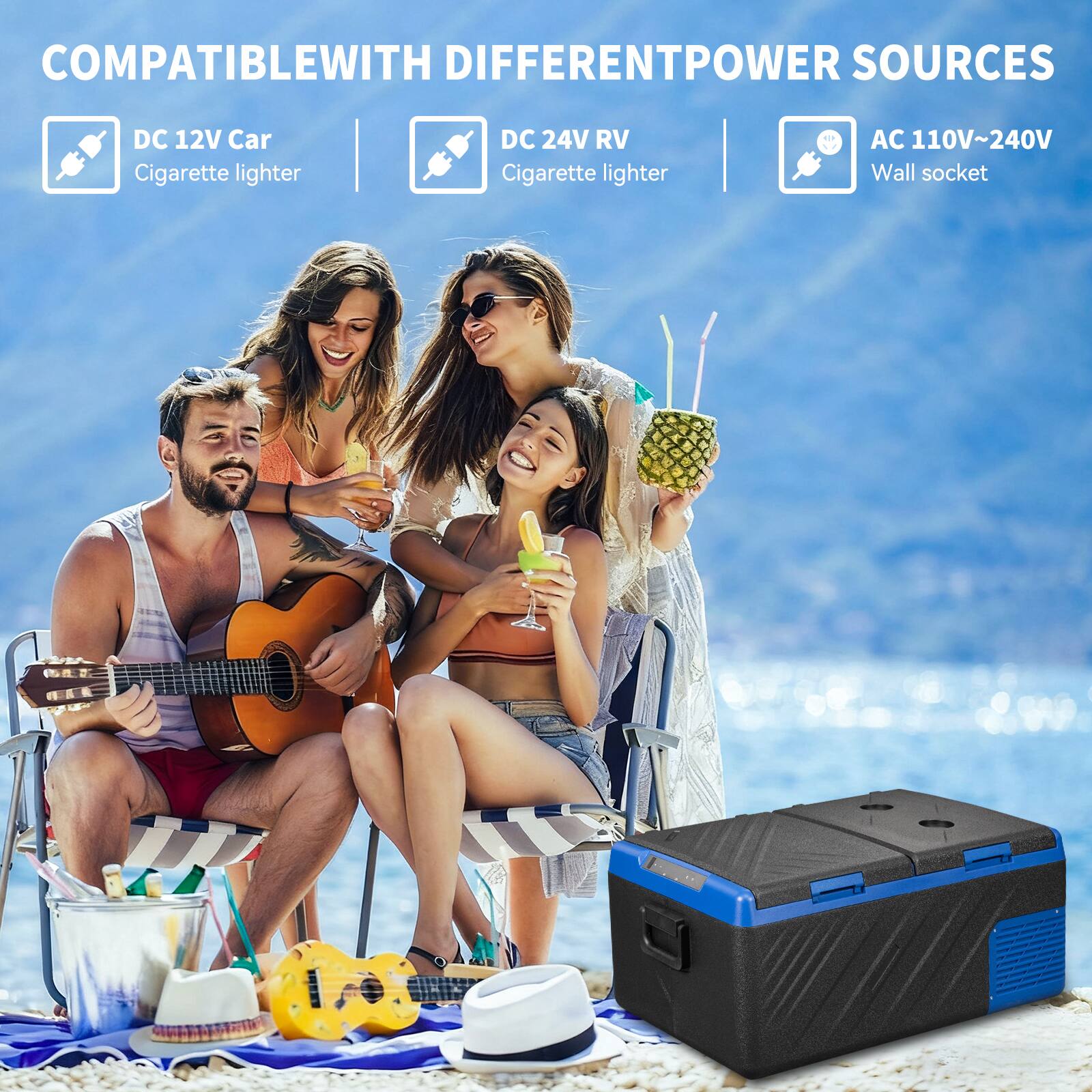 COMPATIBLE WITH DIFFERENT POWER SOURCES

- DC 12V Car Cigarette lighter
- DC 24V RV Cigarette lighter
- AC 110V~240V Wall socket