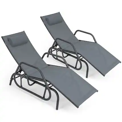 Front. Costway - Costway 2PCS Patio Chaise Lounge Glider Recliner Chair Adjustable Sturdy Frame Outdoor Grey - Grey.