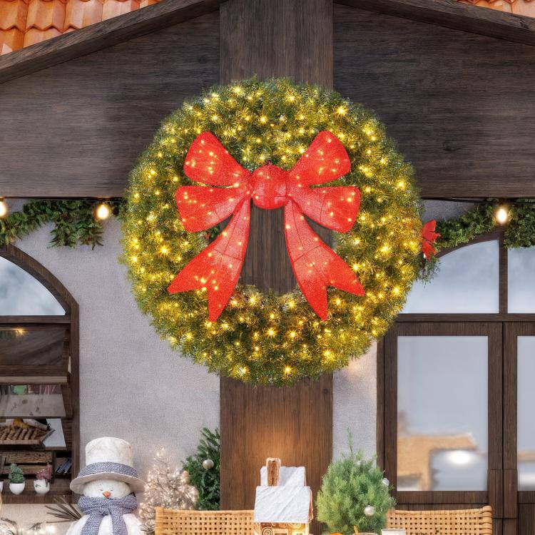 Alt View 2. PULUZ - 60in Pre-Lit Christmas Wreath with 3D Red Bow, 11 Lighting Modes, Front Door Christmas Wreath with Remote - Green.