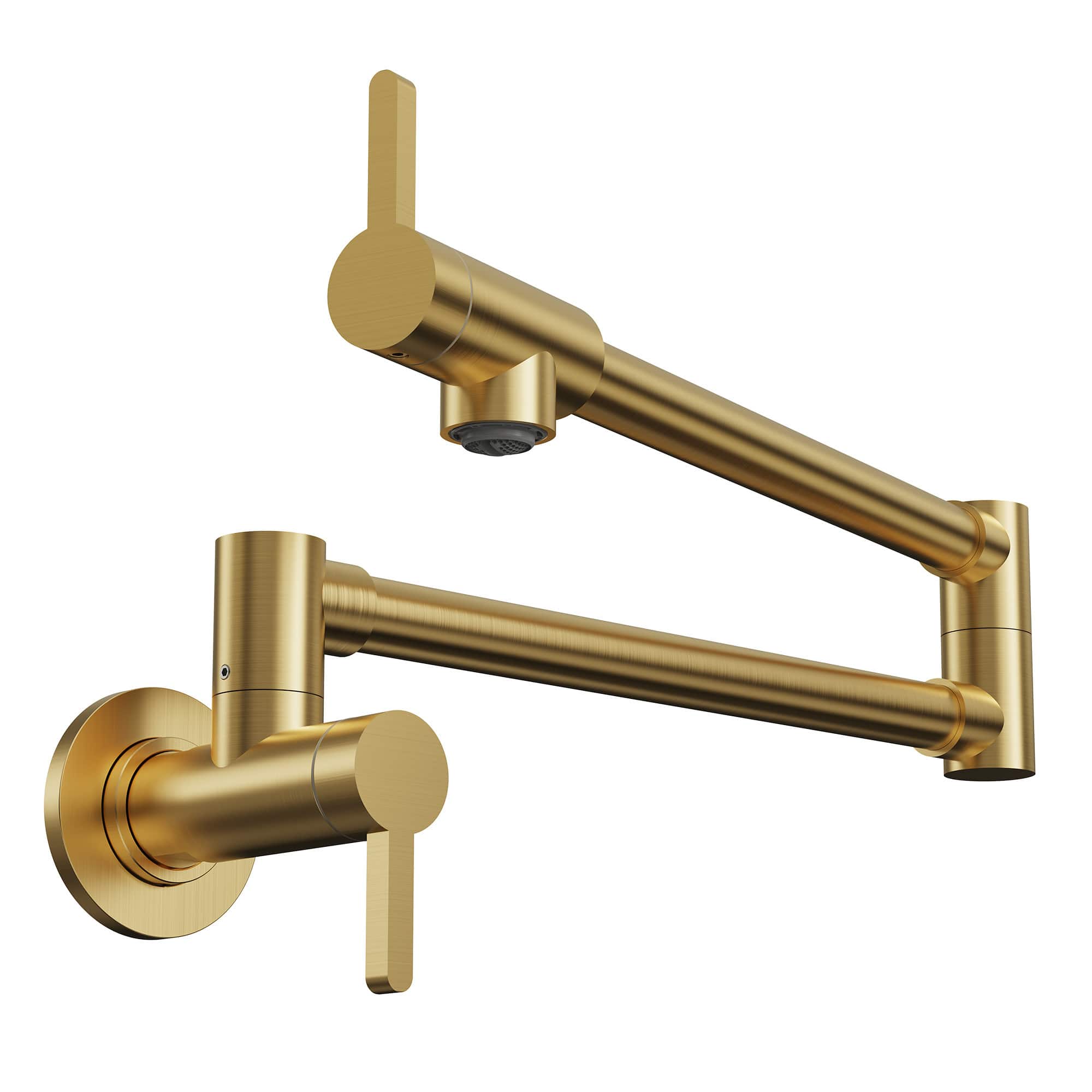 Front. GRANDJOY - Wall Mount Pot Filler Faucet, Dual Swing Joints Foldable Spout, Solid Brass for Kitchen Stove - Brushed Gold.
