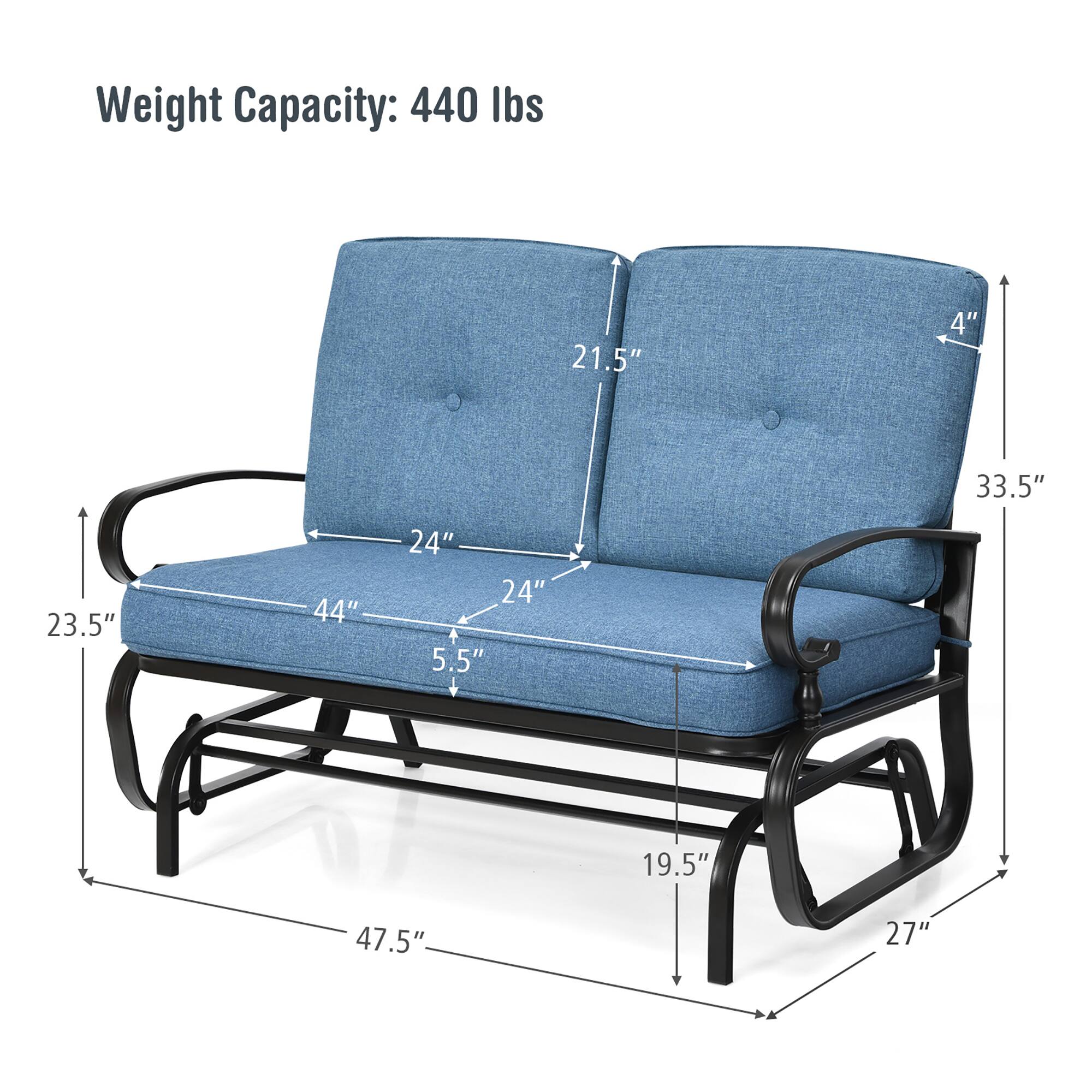 Weight Capacity: 440 lbs

Dimensions:
- Height: 33.5"
- Width: 44"
- Depth: 24"
- Arm Height: 21.5"
- Seat Depth: 23.5"
- Leg Height: 19.5"
- Overall Width: 47.5"
- Arm Height: 27"
- Back Height: 4"
