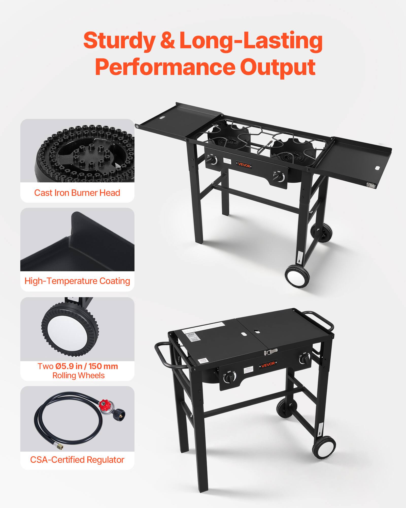 Sturdy & Long-Lasting Performance Output

- Cast Iron Burner Head
- High-Temperature Coating
- Two 05.9 in / 150 mm Rolling Wheels
- CSA-Certified Regulator