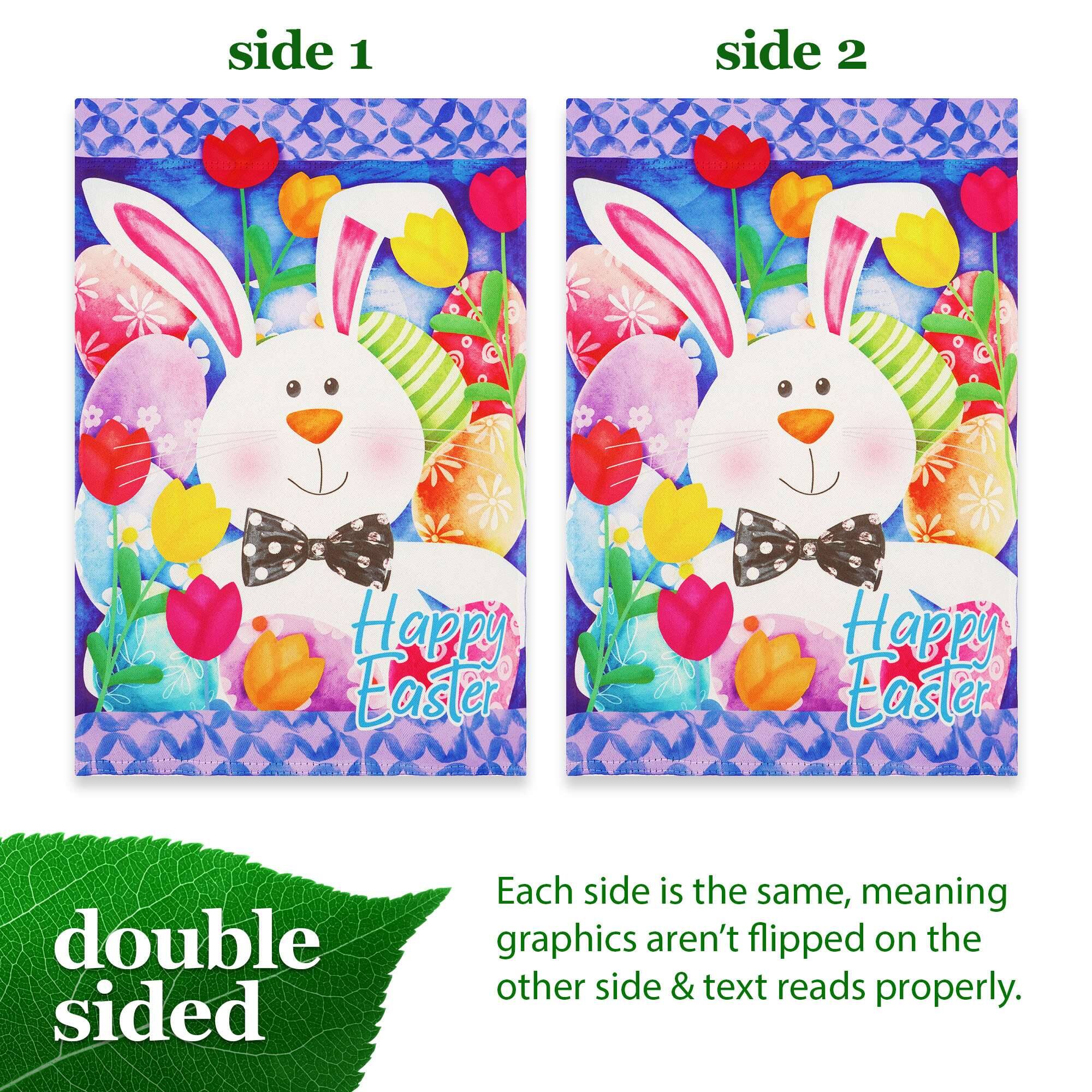 side 1 side 2 Happy Easter Happy Easter double sided Each side is the same, meaning graphics aren't flipped on the other side & text reads properly.