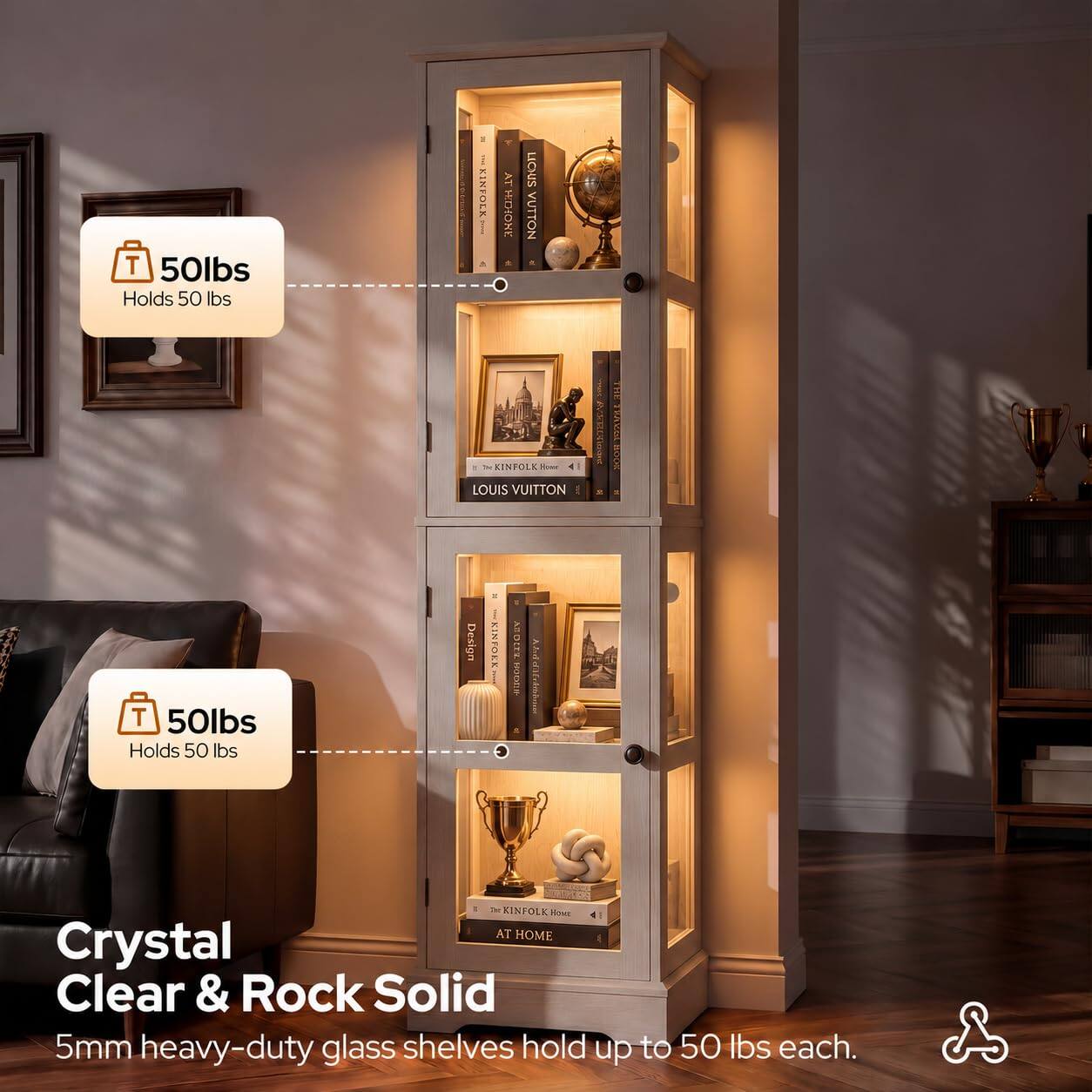 T 50lbs Holds 50 lbs  
T 50lbs Holds 50 lbs  
- KINFOLK AT LIOUS HECHOXE VUTTON x KINFOLK LOUIS VUITTON ATL Design KINFOEK DITY -  
STAL  
THE-TRAYAM-BOOK  
KINFOLK HOME AT HOME  
Crystal Clear & Rock Solid  
5mm heavy-duty glass shelves hold up to 50 lbs each.