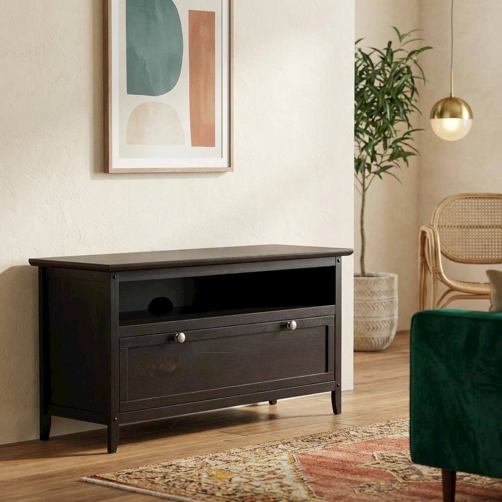 Alt View 2. FurniFact - Dark Espresso Wooden TV Stand With Storage Shelf And Pull Down Cabinet - Brown.