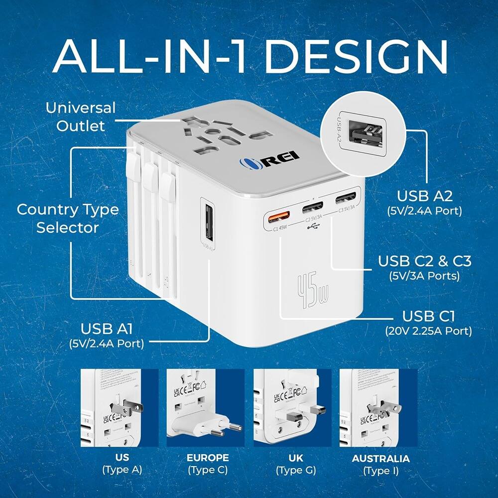 ALL-IN-1 DESIGN

Universal Outlet

Country Type Selector

USB A1 (5V/2.4A Port)

USB A2 (5V/2.4A Port)

USB C2 & C3 (5V/3A Ports)

USB C1 (20V 2.25A Port)

45W

US (Type A)

EUROPE (Type C)

UK (Type G)

AUSTRALIA (Type I)