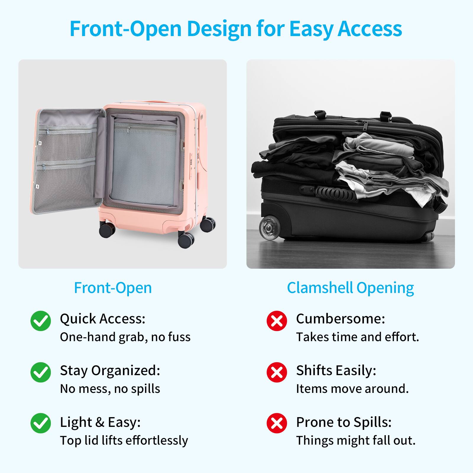 Front-Open Design for Easy Access

Front-Open
- Quick Access: One-hand grab, no fuss
- Stay Organized: No mess, no spills
- Light & Easy: Top lid lifts effortlessly

Clamshell Opening
- Cumbersome: Takes time and effort.
- Shifts Easily: Items move around.
- Prone to Spills: Things might fall out.