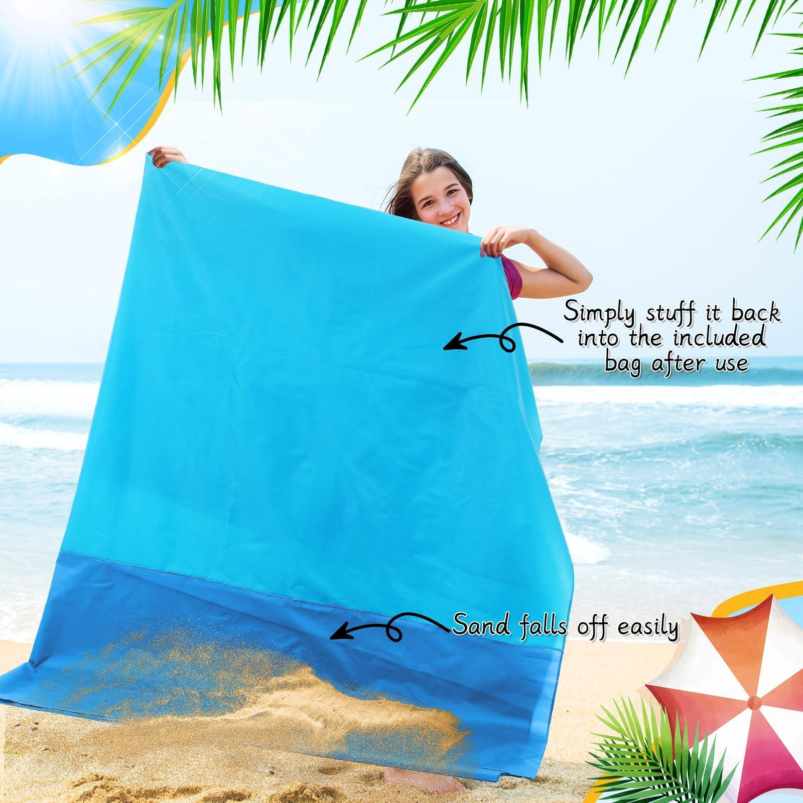 Simply stuff it back into the included bag after use.  
Sand falls off easily.