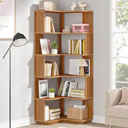 Tribesigns - Corner Bookshelf with Engineered Wood Construction and Freestanding Design for Living Room and Bedroom - Brown