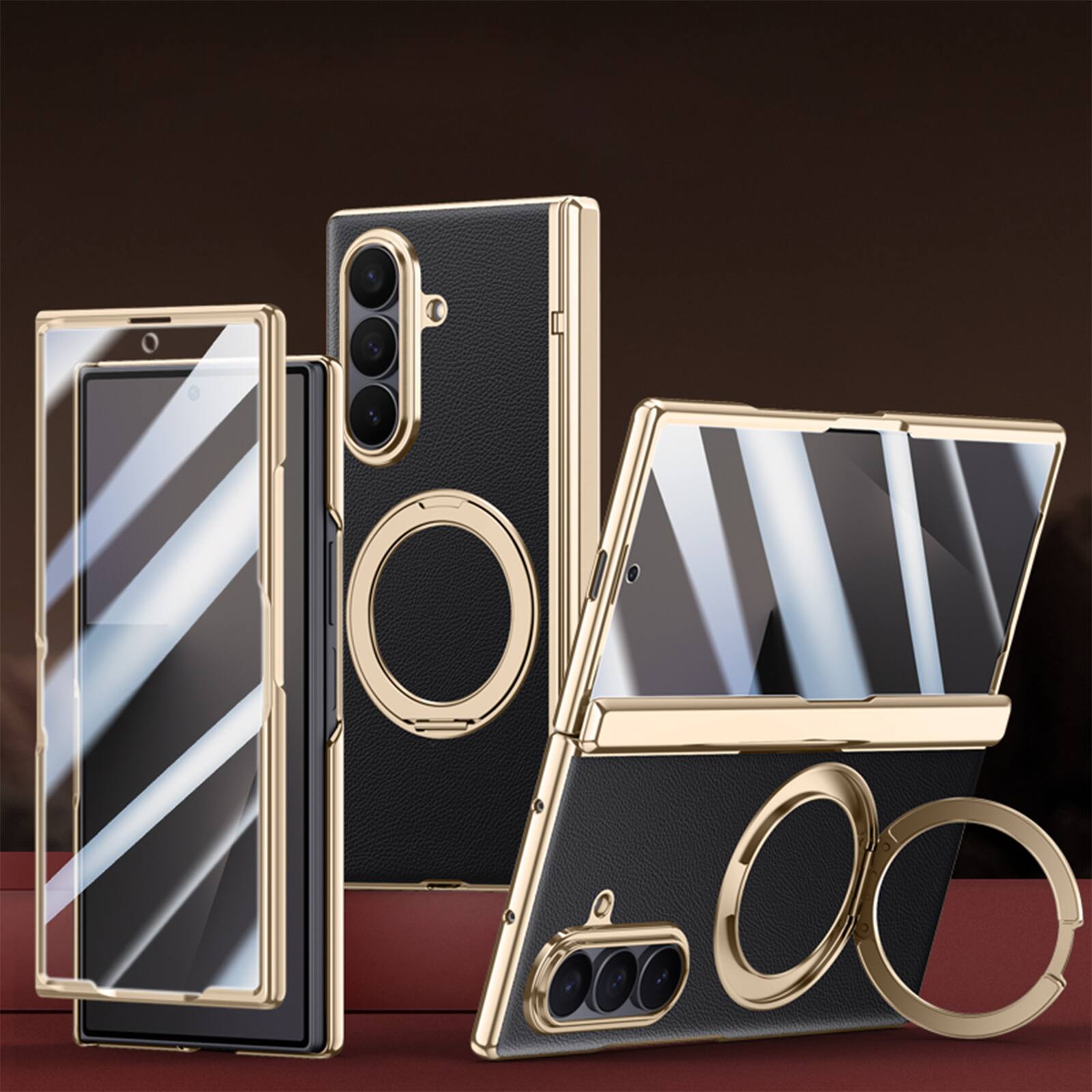 Left. Dteck - For Samsung Galaxy Z Fold7 Luxury Plated Frame Ring Stand Magnetic Case Hinge Protection Cover+Built-in Screen Protector - Green-Privacy Screen.
