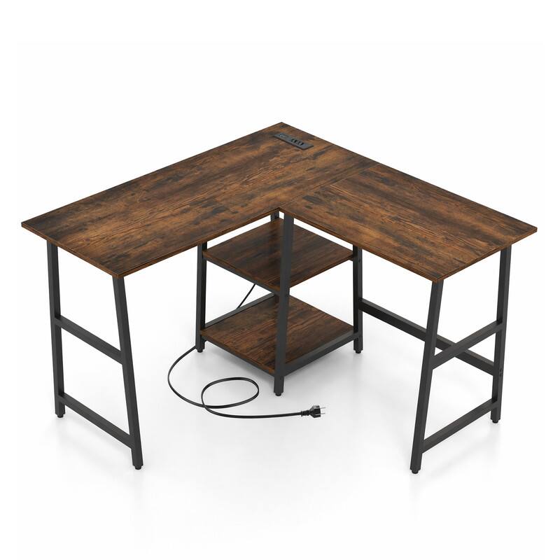Alt View 5. WELLFOR - 48" L Shape Desk with Charging Station, Corner Computer Desk with Storage Shelves for Home Office & Gaming - Brown.