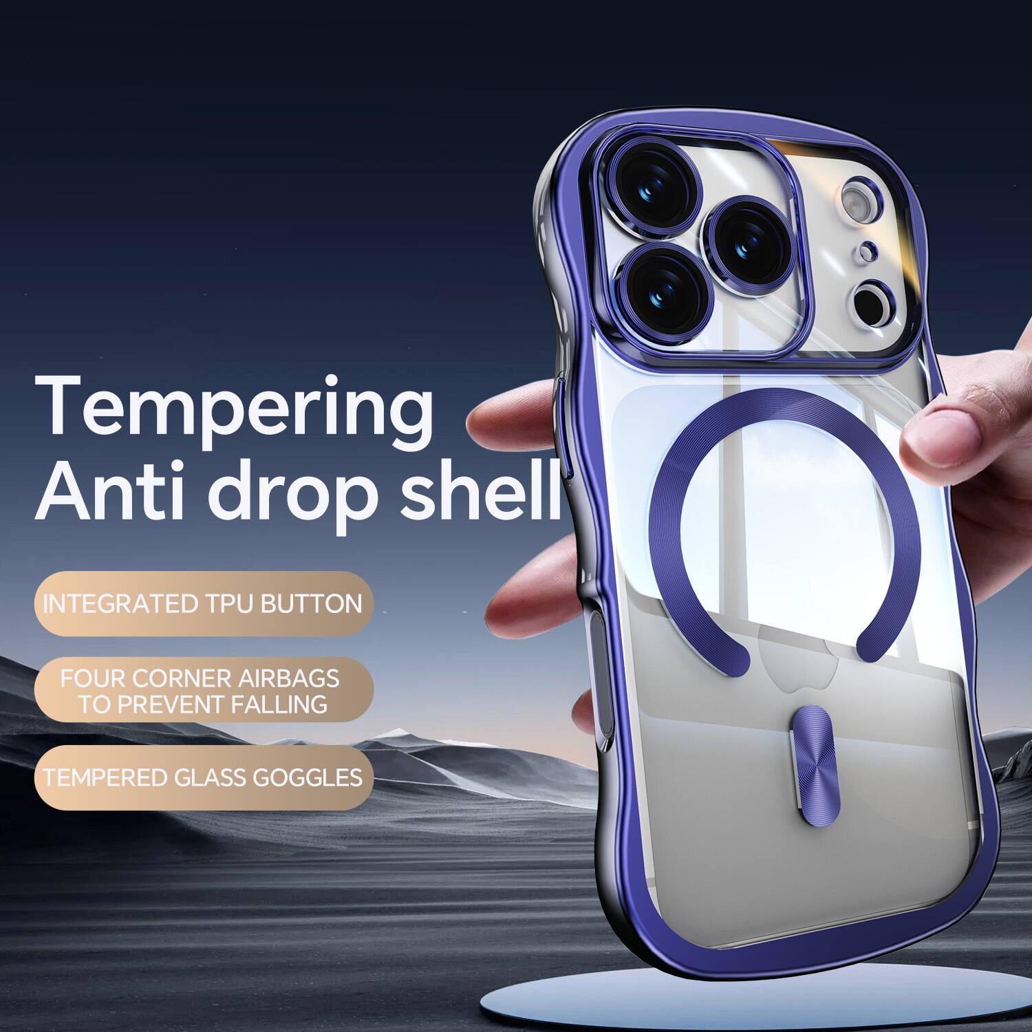 Tempering Anti drop shell  
INTEGRATED TPU BUTTON  
FOUR CORNER AIRBAGS TO PREVENT FALLING  
TEMPERED GLASS GOGGLES