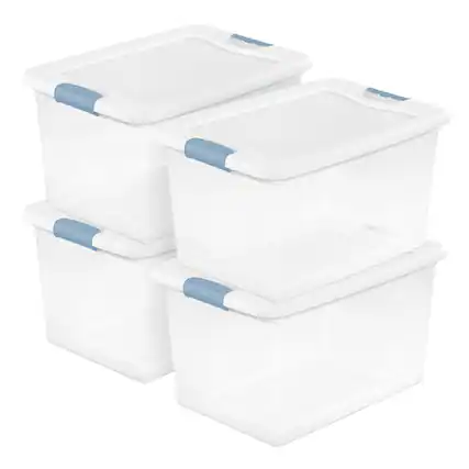 Front. Sterilite - Sterilite 64 Qt Latching Box Stackable Storage Container with Lid, White, 4 Pack.