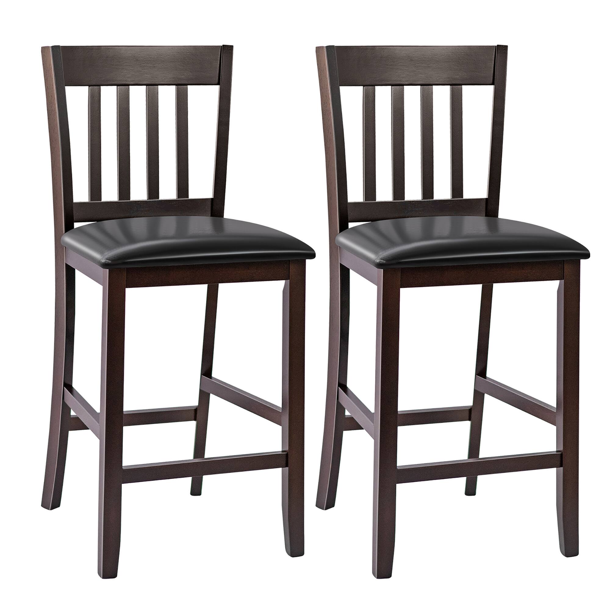 Costway - Set of 2 Bar Stools Counter Height Chairs w/ PU Leather Seat - Dark Espresso,Black