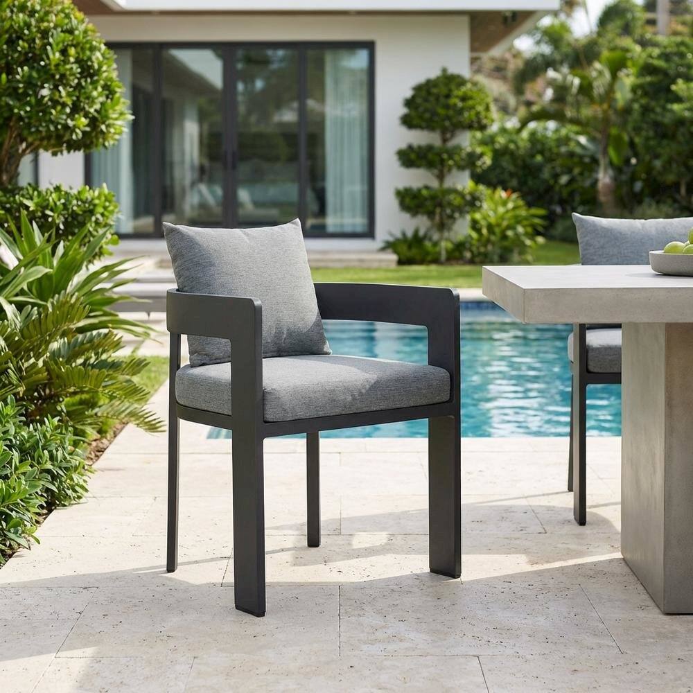 Left. Outdoor Escape - Aluminum Outdoor Dining Chair With Cushioned Seat And Elegant Design - Gray.
