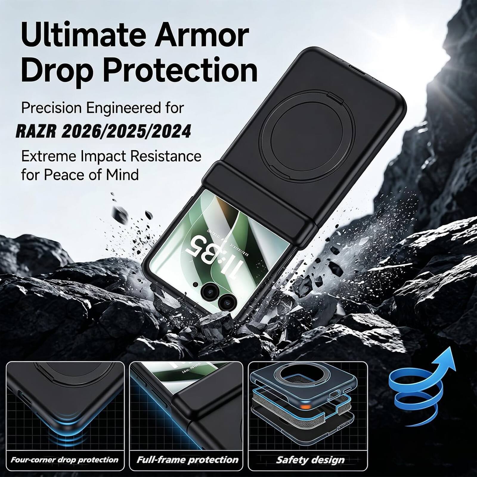 Ultimate Armor Drop Protection  
Precision Engineered for RAZR 2026/2025/2024  
Extreme Impact Resistance for Peace of Mind  

Four-corner drop protection  
Full-frame protection  
Safety design